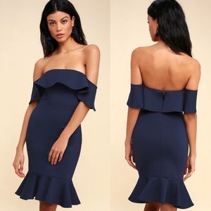 ✨NWT Lulus Navy Blue Confidence Boost Off The Shoulder Bodycon Midi Dress Medium
